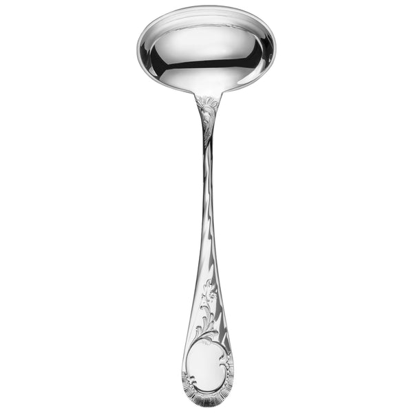 Silver-plated Vendôme sauce ladle with ornate handle and deep round bowl.