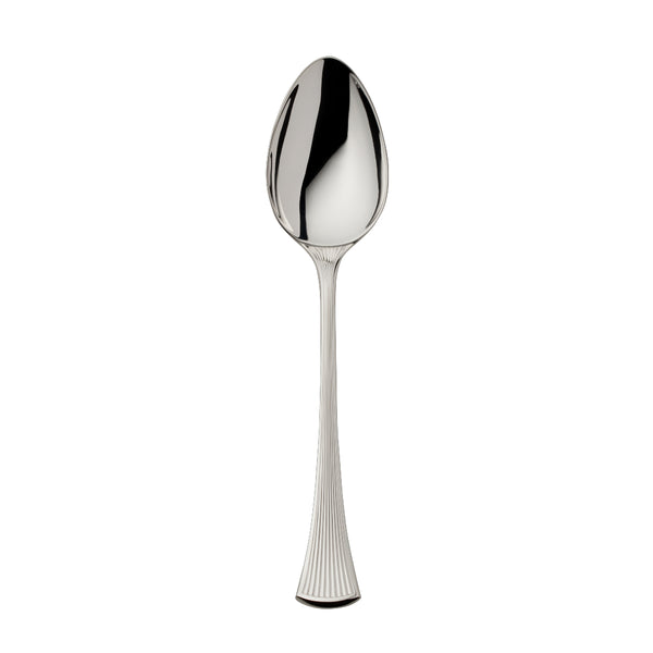 Silver-plated Avenue table spoon with sculpted light-reflecting ridges on polished surface.