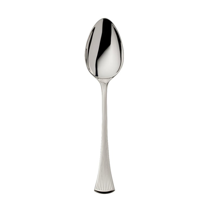 Silver-plated Avenue table spoon with sculpted light-reflecting ridges on polished surface.