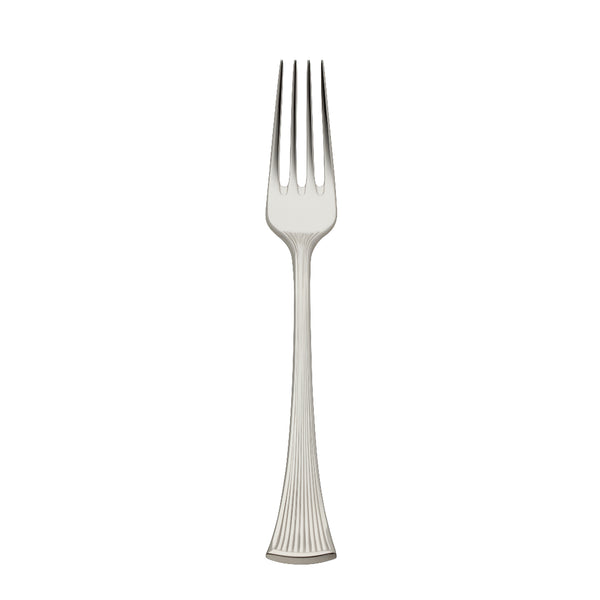 Silver-plated Avenue table fork with sculpted ridges reflecting light in an elegant setting.