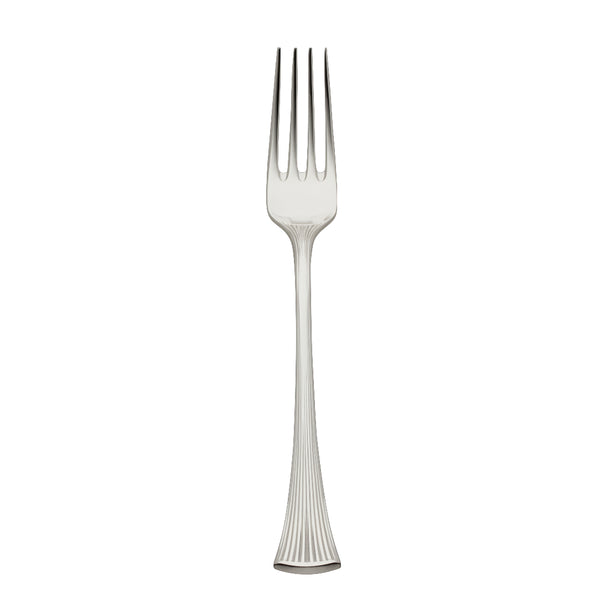 Silver-plated Avenue menu fork with sculpted ridges reflecting light.