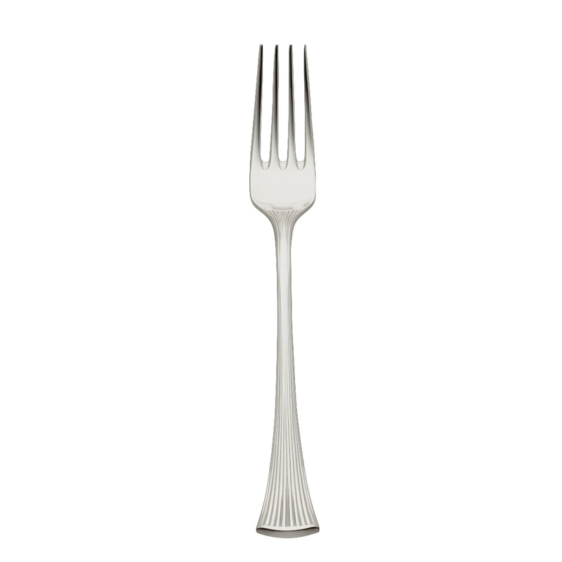 Silver-plated Avenue menu fork with sculpted ridges reflecting light.