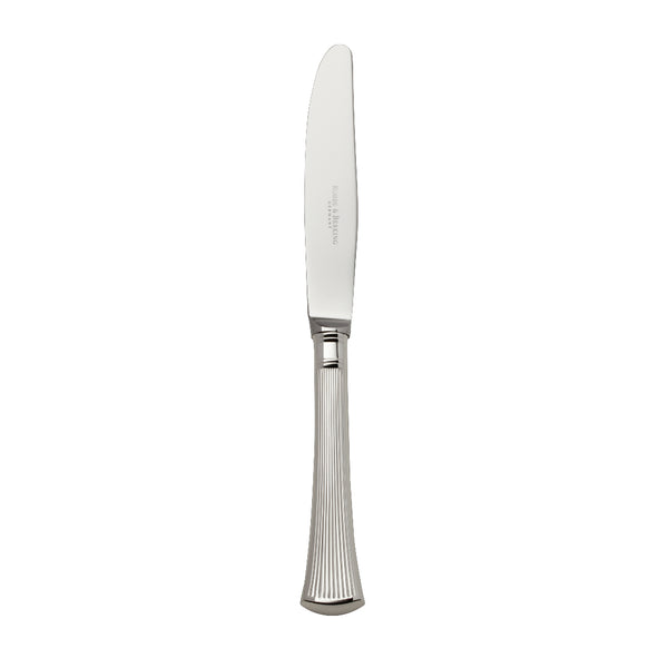Avenue silver-plated dessert knife with sharp blade and smooth ridged handle reflective finish.
