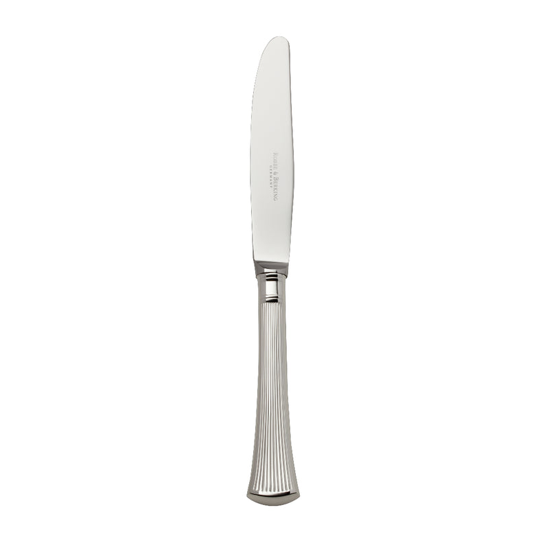 Avenue silver-plated dessert knife with sharp blade and smooth ridged handle reflective finish.