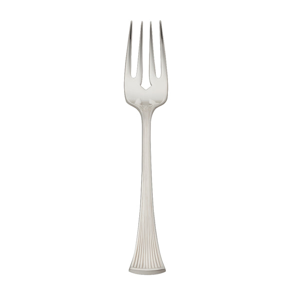 Avenue silver-plated fork with long tapered prongs and sculpted ridged handle.