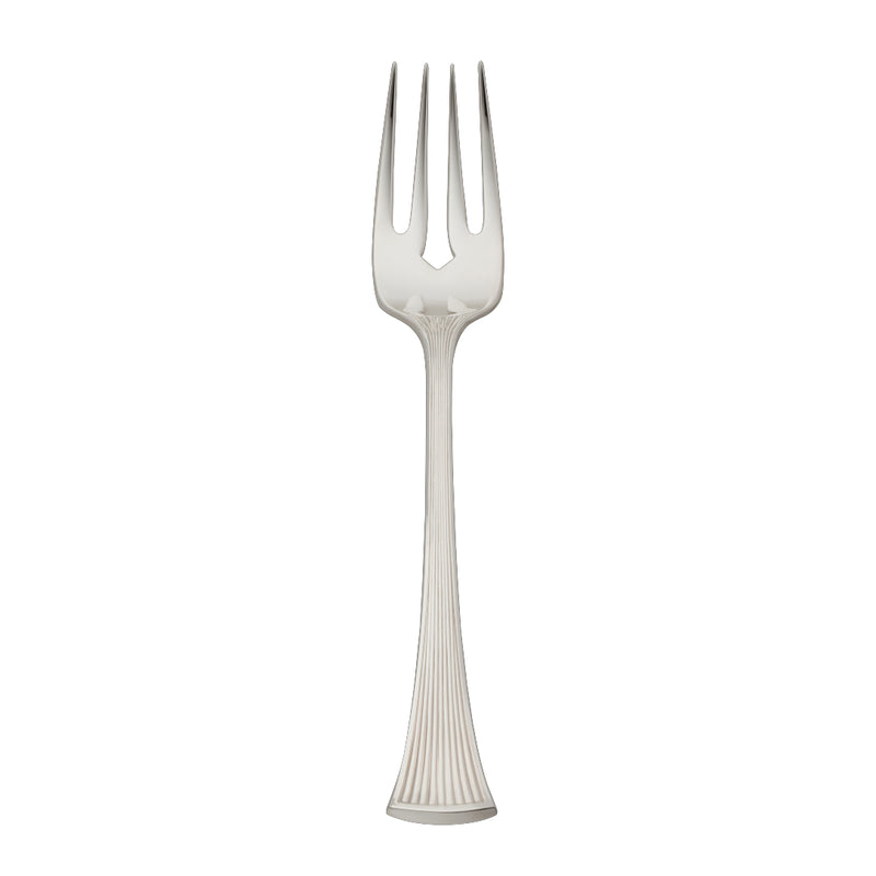 Avenue silver-plated fork with long tapered prongs and sculpted ridged handle.