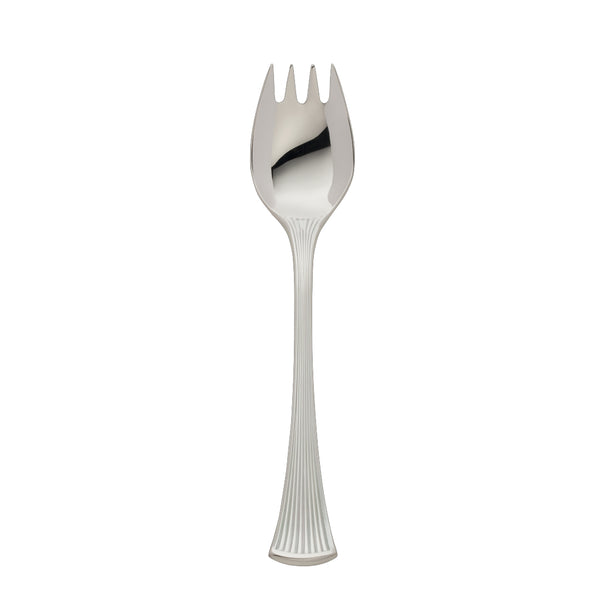 Avenue silver-plated fork with short pointed prongs and sculpted ridged handle.