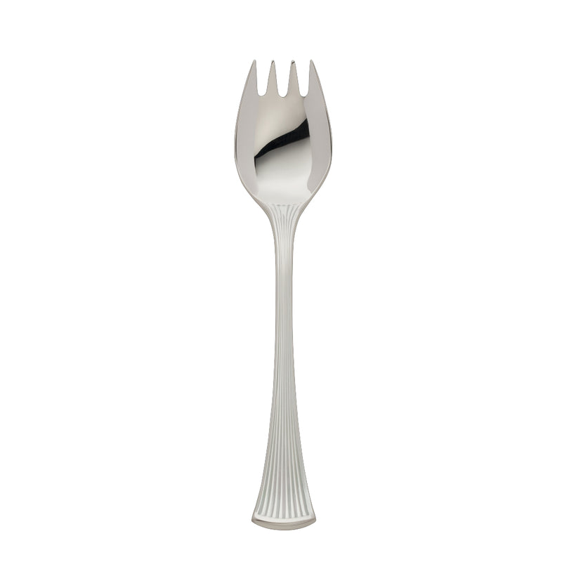 Avenue silver-plated fork with short pointed prongs and sculpted ridged handle.