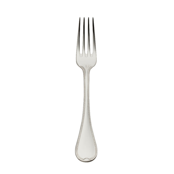 Silver-plated Französisch-Perl menu fork with slender tines and sculpted beaded handle by Robbe & Berking.