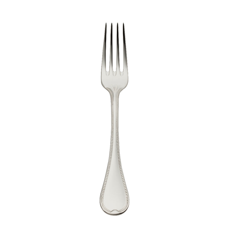 Silver-plated Französisch-Perl menu fork with slender tines and sculpted beaded handle by Robbe & Berking.