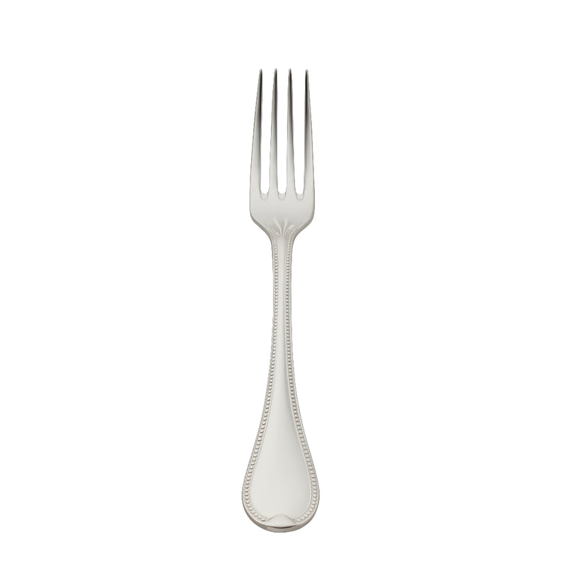 Silver-plated Französisch-Perl dessert fork with slender tines and beaded handle by Robbe & Berking.