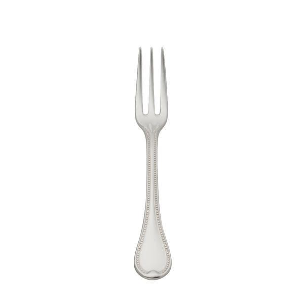 Silver-plated Französisch-Perl cake fork with three slender tines and beaded handle by Robbe & Berking.