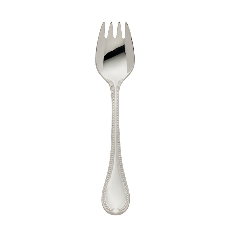 Silver-plated Französisch-Perl oyster fork with short tines and beaded handle by Robbe & Berking.