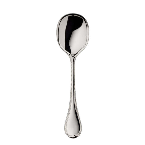 Silver-plated Französisch-Perl potato server with wide shallow bowl and beaded handle by Robbe & Berking.