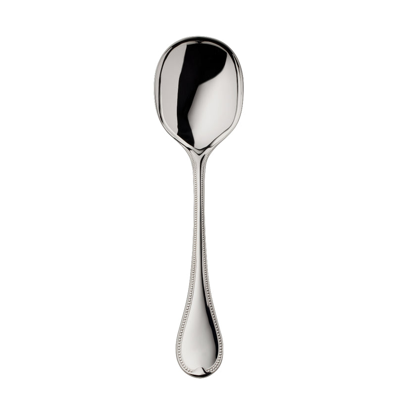 Silver-plated Französisch-Perl potato server with wide shallow bowl and beaded handle by Robbe & Berking.