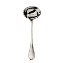 Silver-plated Französisch-Perl soup ladle with broad deep bowl and beaded handle by Robbe & Berking.