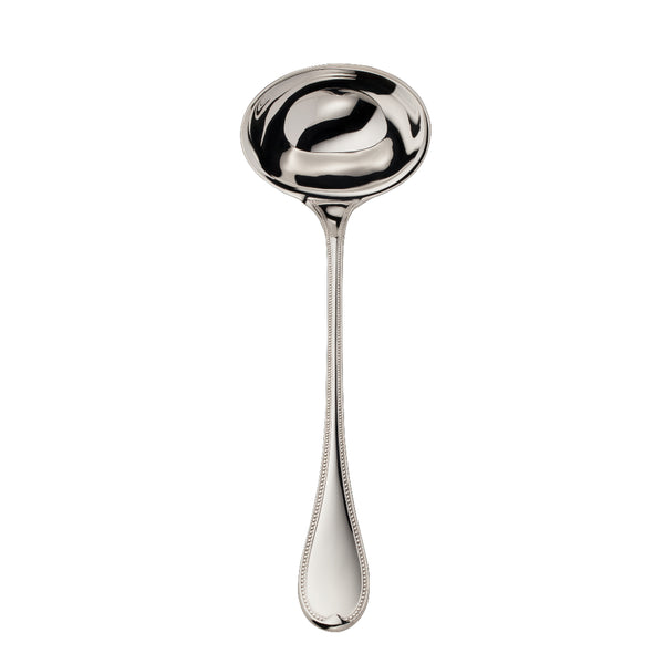 Silver-plated Französisch-Perl soup ladle with broad deep bowl and beaded handle by Robbe & Berking.