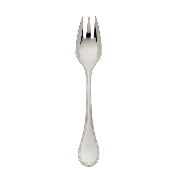 Silver-plated Französisch-Perl vegetable fork with broad prongs and beaded handle by Robbe & Berking.