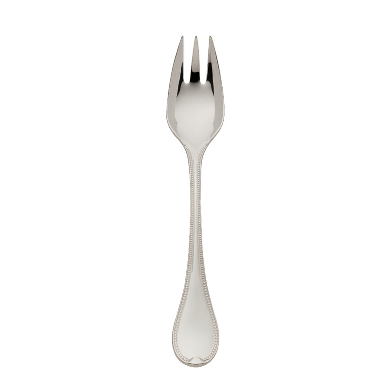 Silver-plated Französisch-Perl vegetable fork with broad prongs and beaded handle by Robbe & Berking.