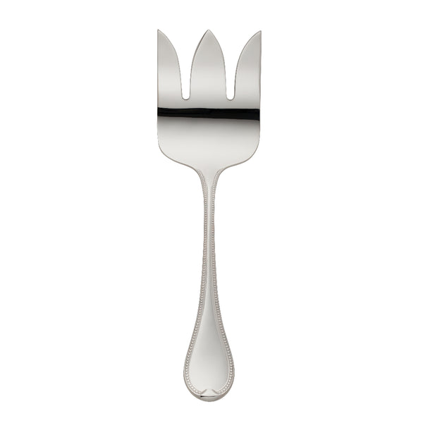 Silver-plated Französisch-Perl fish serving fork with three broad prongs and beaded handle by Robbe & Berking.