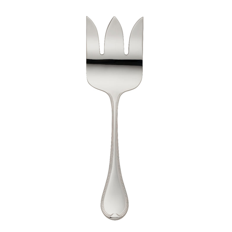 Silver-plated Französisch-Perl fish serving fork with three broad prongs and beaded handle by Robbe & Berking.