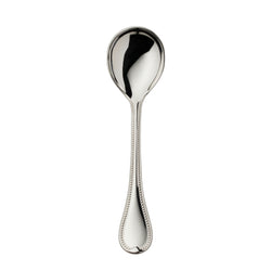 Silver-plated Französisch-Perl sugar spoon with rounded bowl and beaded handle by Robbe & Berking.