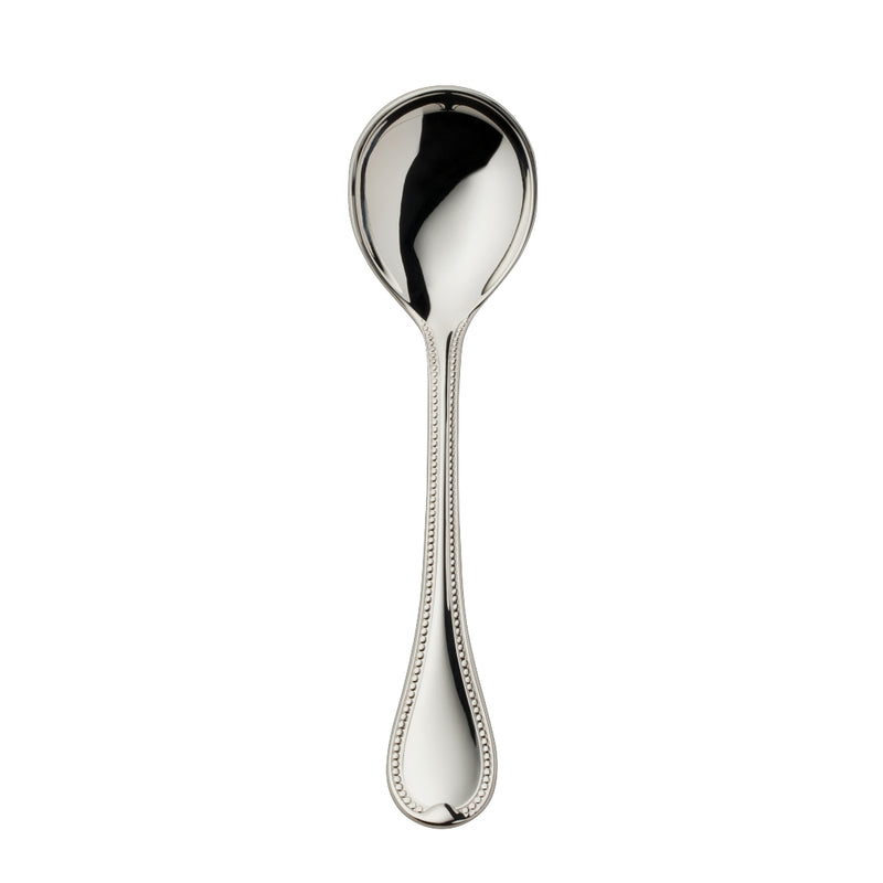 Silver-plated Französisch-Perl sugar spoon with rounded bowl and beaded handle by Robbe & Berking.