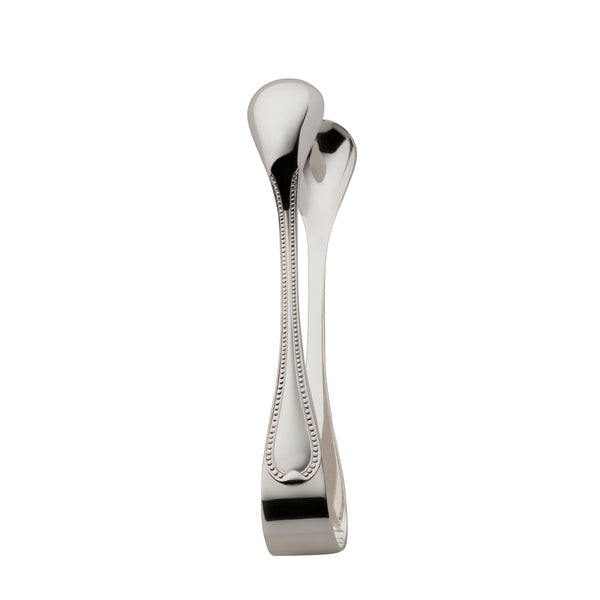 Silver-plated Französisch-Perl sugar tongs with curved tips and beaded handles by Robbe & Berking.