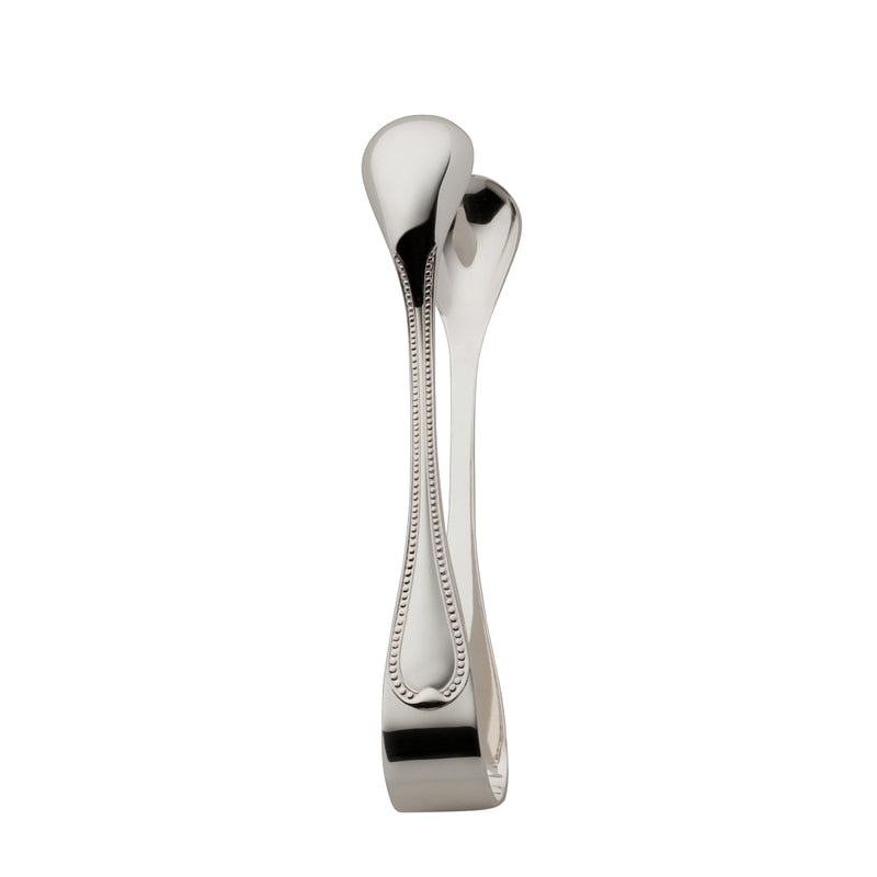 Silver-plated Französisch-Perl sugar tongs with curved tips and beaded handles by Robbe & Berking.