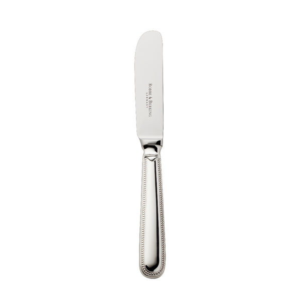 Silver-plated Französisch-Perl butter spreader with flat rounded blade and beaded handle by Robbe & Berking.