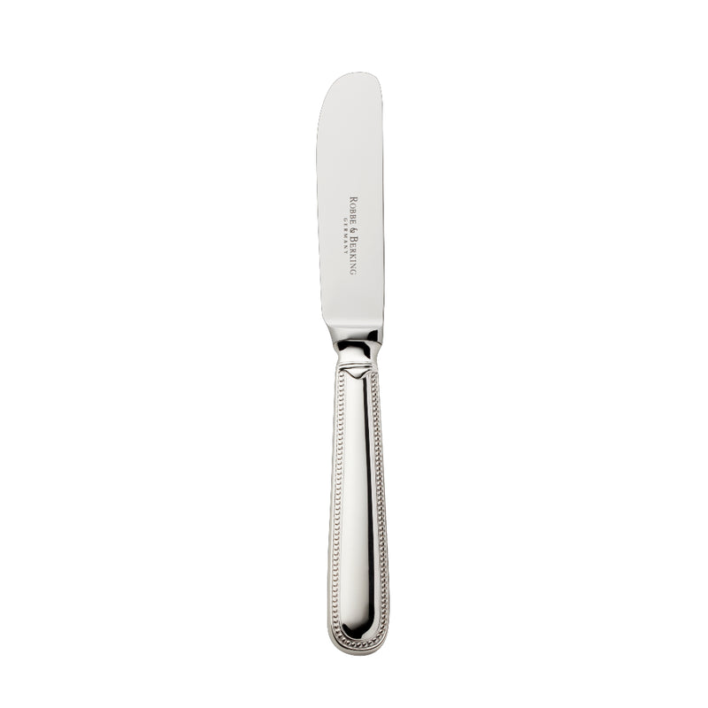 Silver-plated Französisch-Perl butter spreader with flat rounded blade and beaded handle by Robbe & Berking.