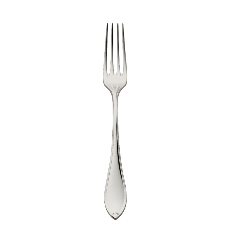 Navette silver-plated table fork by Ercuis with tapered tines and sculpted handle.