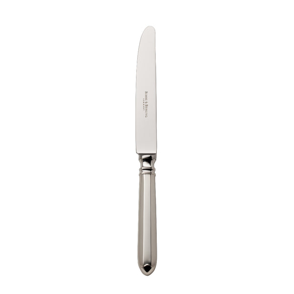 Navette silver-plated table knife by Ercuis with smooth blade and sculpted handle.