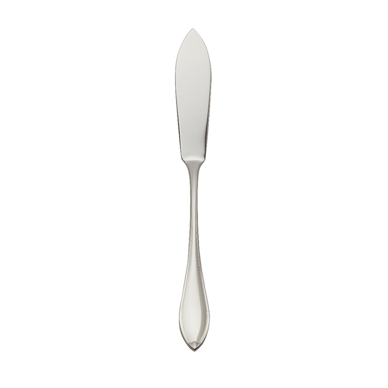 Navette fish knife by Robbe & Berking with tapered blade and leaf-tip handle, silver-plated design.