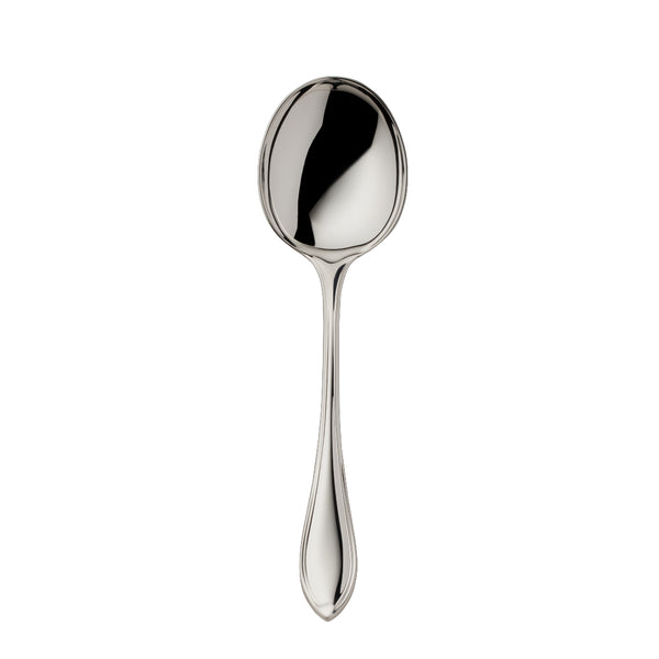 Navette silver-plated broth spoon by Robbe & Berking with rounded bowl and leaf-tip handle.