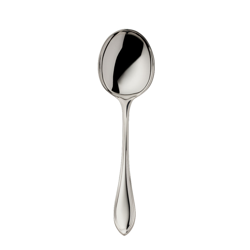 Navette silver-plated broth spoon by Robbe & Berking with rounded bowl and leaf-tip handle.