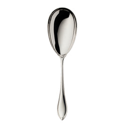 Navette silver-plated serving spoon with deep oval bowl.