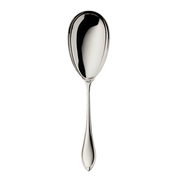 Navette silver-plated serving spoon with deep oval bowl.