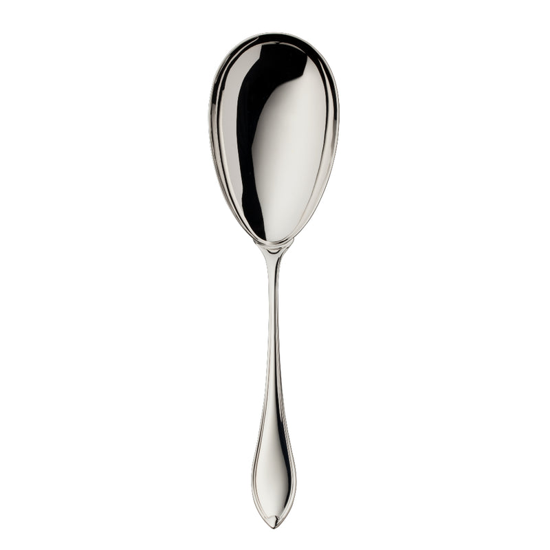 Navette silver-plated serving spoon with deep oval bowl.