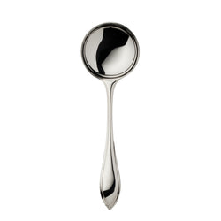 Navette silver-plated sugar spoon by Robbe & Berking with rounded bowl and leaf-tipped handle.