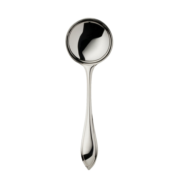 Navette silver-plated sugar spoon by Robbe & Berking with rounded bowl and leaf-tipped handle.