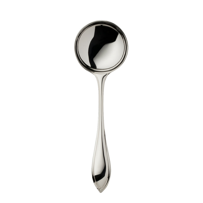 Navette silver-plated sugar spoon by Robbe & Berking with rounded bowl and leaf-tipped handle.