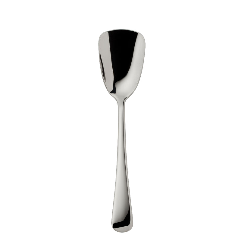Como stainless steel sugar spoon with polished wide bowl and arched handle by Robbe & Berking.