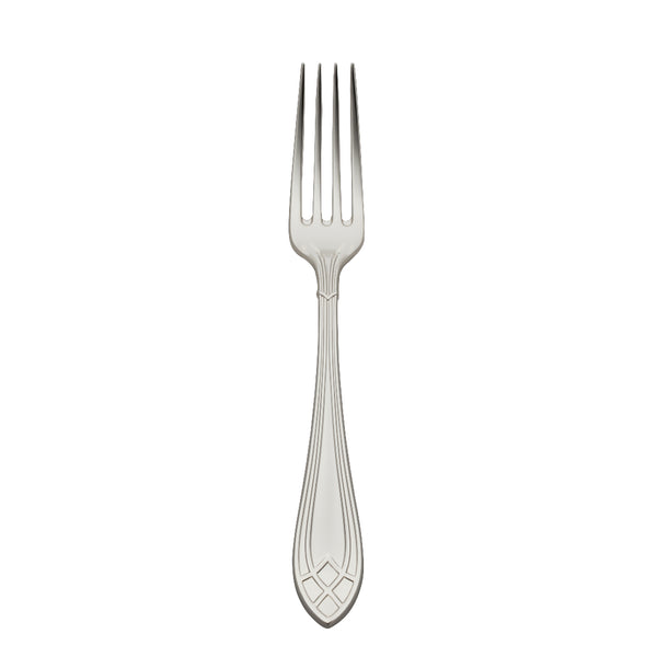 Arcade silver-plated menu fork by Robbe & Berking with four slender tines and elongated stem.