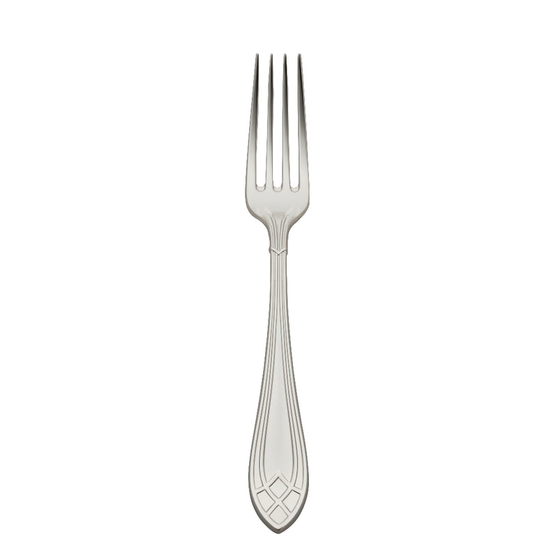 Arcade silver-plated menu fork by Robbe & Berking with four slender tines and elongated stem.