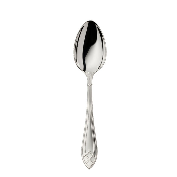 Arcade silver-plated dessert spoon by Robbe & Berking with rounded bowl and geometric handle detailing.
