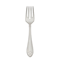 Arcade silver-plated fish fork by Robbe & Berking with four pointed tines and sculpted handle detailing.
