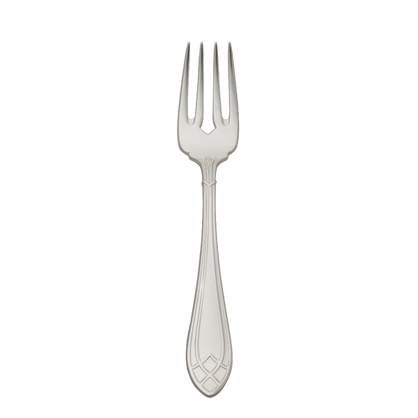 Arcade silver-plated fish fork by Robbe & Berking with four pointed tines and sculpted handle detailing.