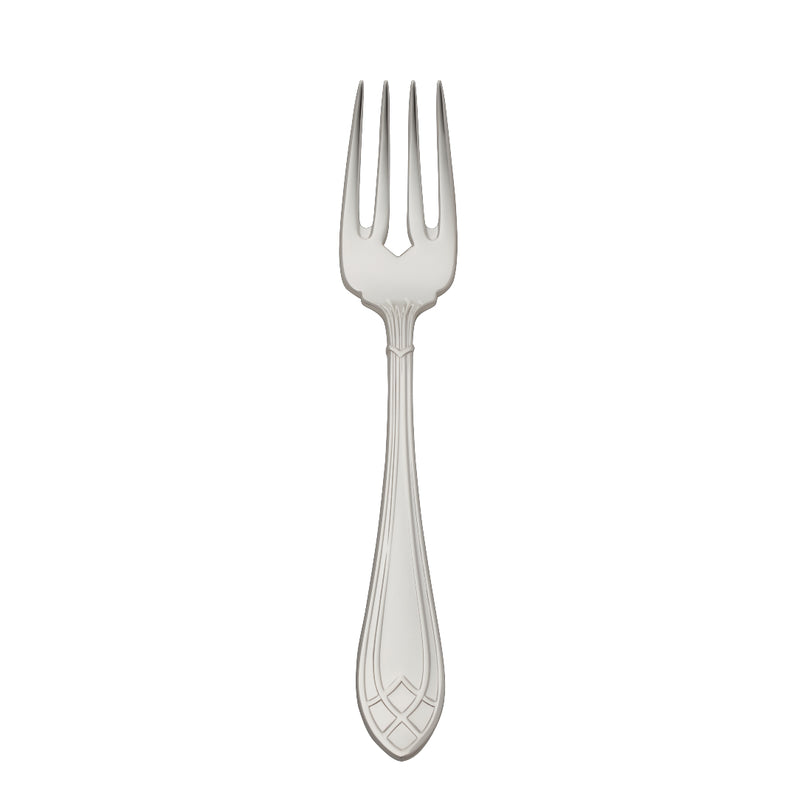 Arcade silver-plated fish fork by Robbe & Berking with four pointed tines and sculpted handle detailing.