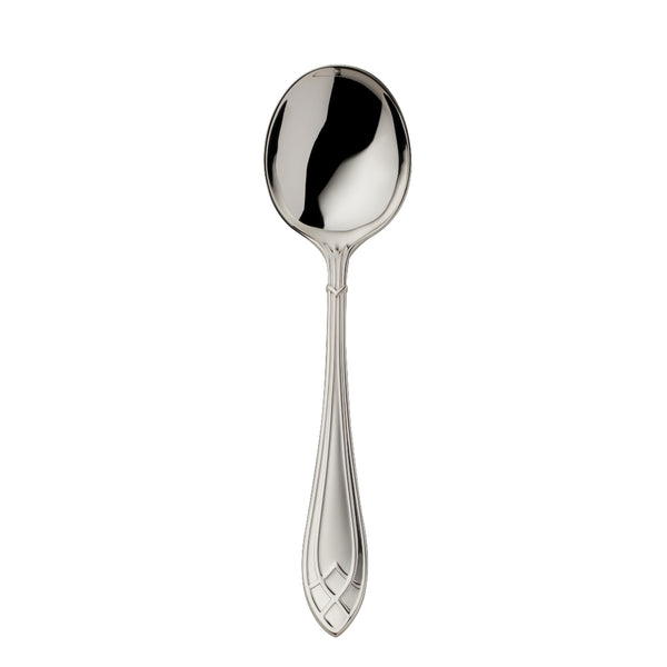 Arcade silver-plated broth spoon by Robbe & Berking with deep rounded bowl and detailed handle.